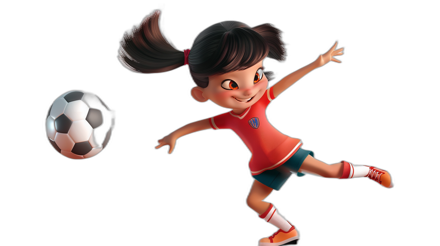 A young girl is kicking the ball in an animated style, wearing a red and black football kit with white shoes against a black background. The cartoon character design sheet is in the style of Disney Pixar art. A cute 3D render shows a little Asian female soccer player wearing dark blue shorts and a short-sleeved sport shirt, her hair tied back, playing football.