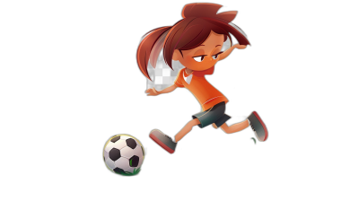 A cute little girl playing football in the style of Disney Pixar, in a cartoon style with a simple black background. A game avatar or character design with a full body shot in 3D rendering with high resolution and super details rich in expression. The facial features of the characters were clear, with big eyes, small nose, red lips, long hair, short sleeves, shorts, sneakers on feet, white shoes, a double ponytail hairstyle, kicking up a soccer ball from the side view.