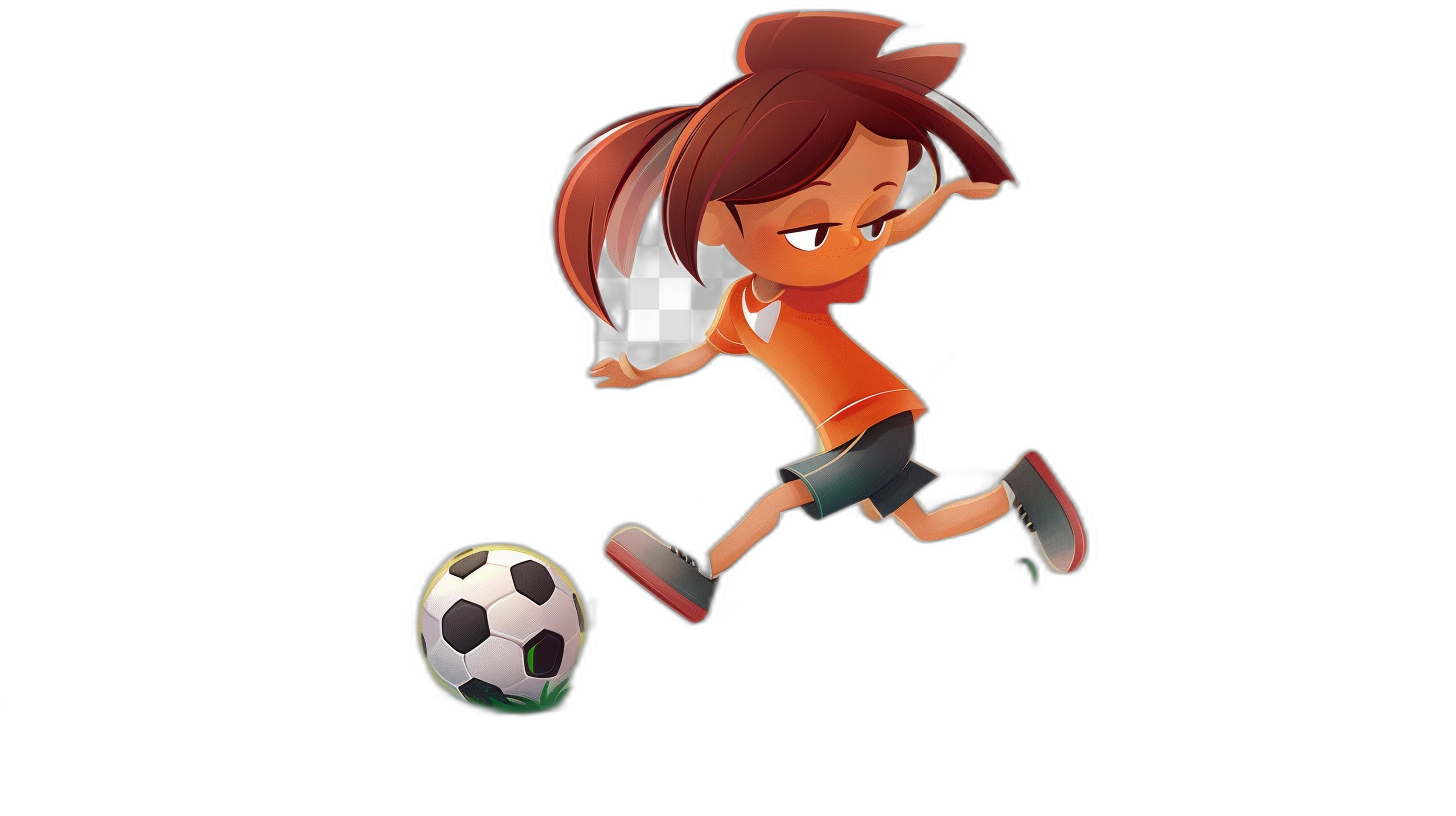 A cute little girl playing football in the style of Disney Pixar, in a cartoon style with a simple black background. A game avatar or character design with a full body shot in 3D rendering with high resolution and super details rich in expression. The facial features of the characters were clear, with big eyes, small nose, red lips, long hair, short sleeves, shorts, sneakers on feet, white shoes, a double ponytail hairstyle, kicking up a soccer ball from the side view.