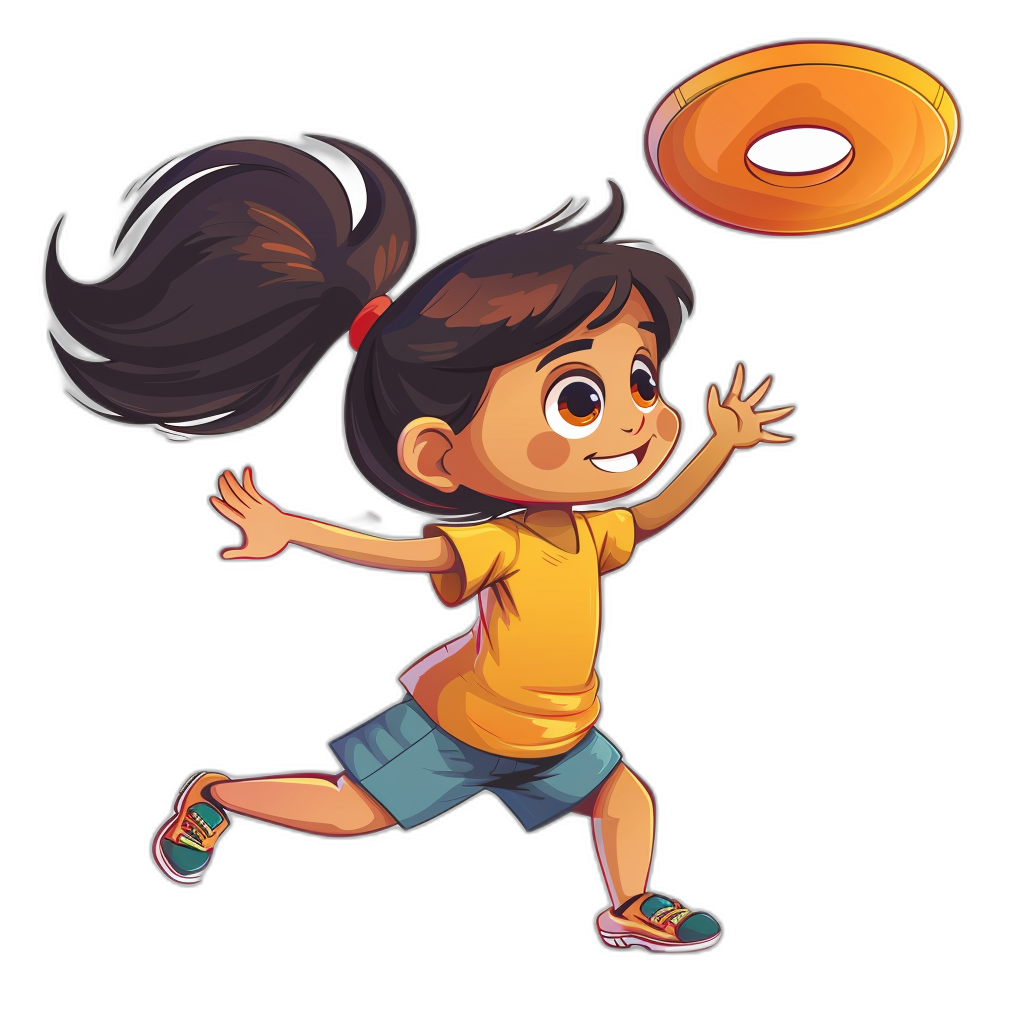 a cute cartoon of an Indian girl playing frisbee, vector illustration, solid black background