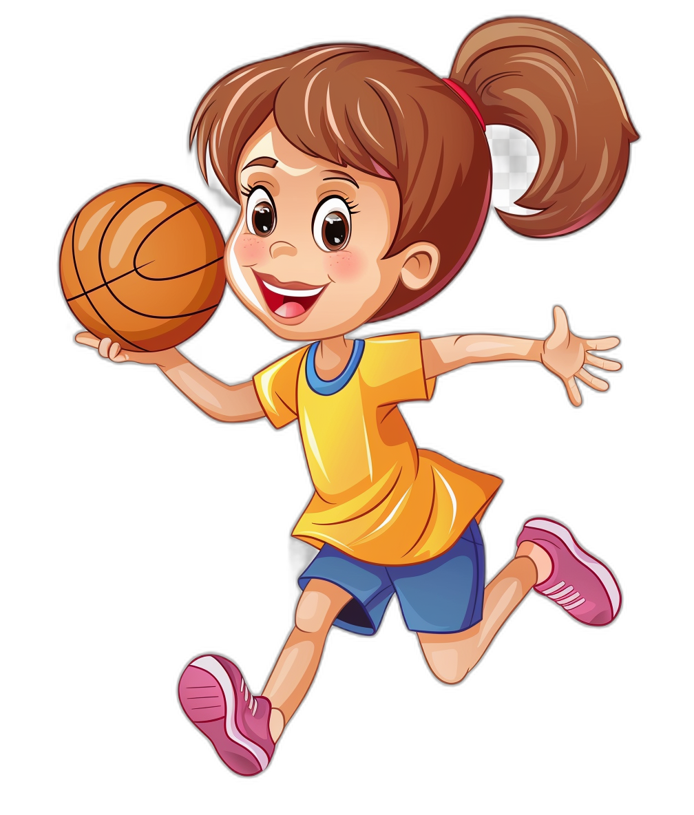 a cute happy cartoon girl playing basketball, clip art style, isolated on black background