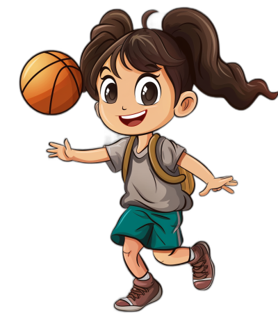 A cute little girl playing basketball in a vector illustration style with a flat design and black background. She is wearing gray short sleeves, green shorts, and brown shoes, smiling happily as she dribbles the ball towards her right hand. in the style of .