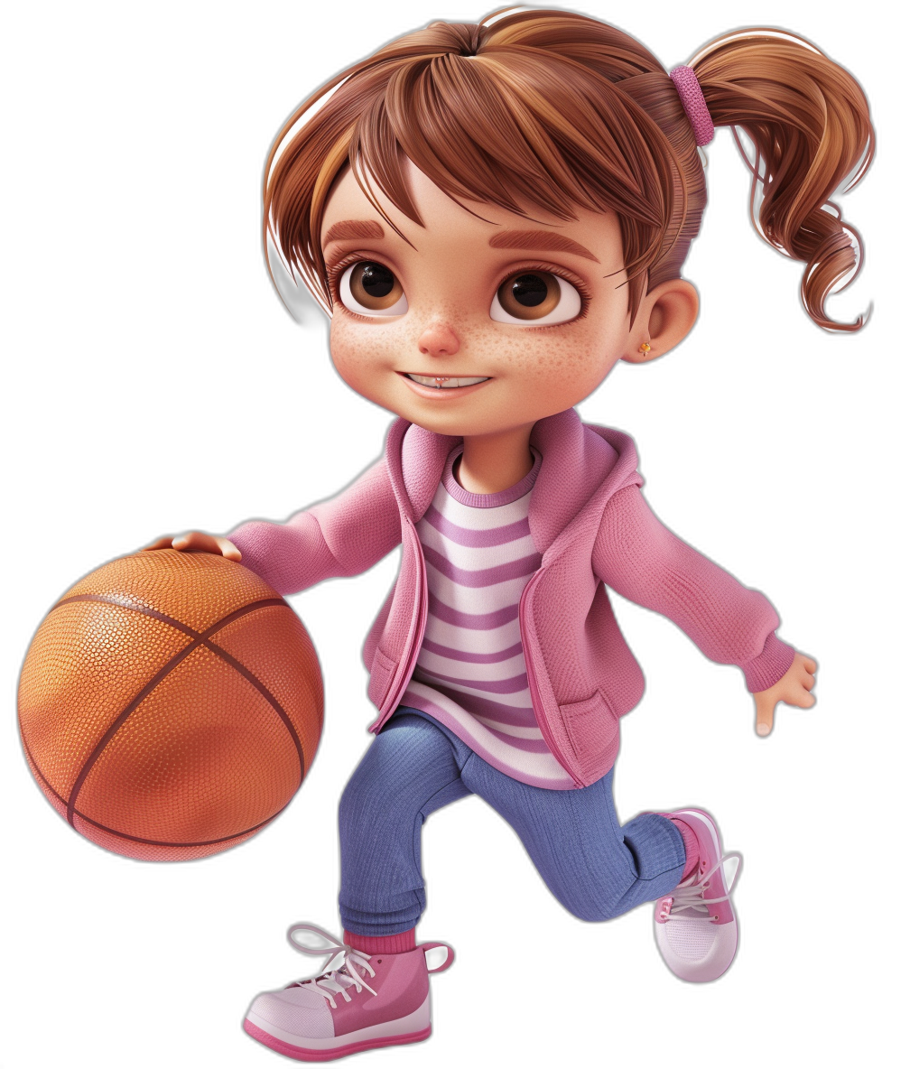 A cute little girl with brown hair in pigtails, wearing pink shoes and blue pants is playing basketball, wearing a white striped t-shirt under her jacket and smiling. The character design sheet shows a Pixar style cartoon character against a black background with a 3D rendering full body shot using a wide angle lens at high resolution, detail and quality with bright colors in a pink color scheme and high definition.