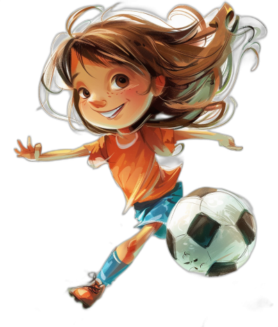 A cute little girl is playing football in an illustration style with a black background. She has long hair and wears an orange t-shirt with blue shorts underneath. The ball flies in the air next to her feet as she kicks it towards us. Her expression was full of joy as she kicked the ball. In the style of charming character illustrations, vibrant comics, and lively action poses with a black background.