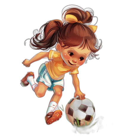 A little girl is playing football in a cartoon style and in the style of Disney, with a black background and at a high resolution. She has brown hair in pigtails and wears white shorts with orange stripes on the side. The ball she's kicking around should have details like texture or shading to make it look more realistic.