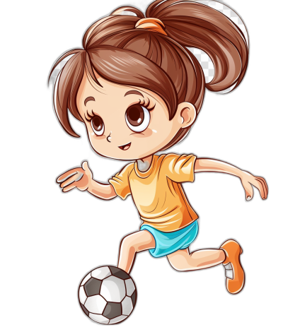 Cute cartoon girl playing soccer, vector illustration on black background, high resolution