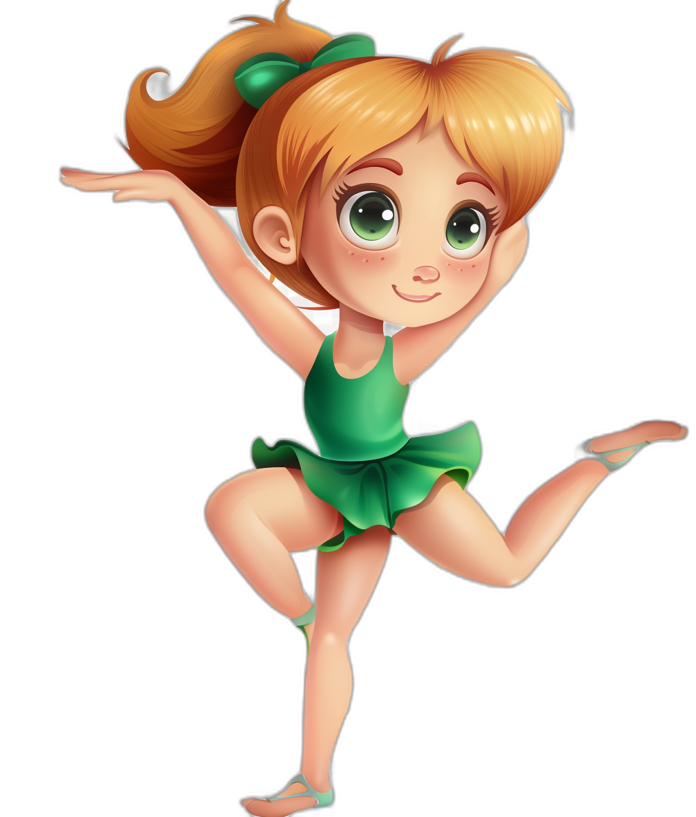 A cute cartoon girl in green leotards is doing gymnastics against a black background in the style of Disney and Pixar. This digital art and digital drawing is a high resolution, high detail, high quality, high definition cartoon illustration.