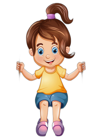 Cute cartoon girl doing a random act isolated on a black background. A vector illustration with an outline in white color without shadows and clean edges for graphic design of a cute little girl sitting on her knees with hands up, a happy expression smiling with big blue eyes and big brown hair wearing purple shoes, a yellow t-shirt, and pink socks. The illustration is in the style of a simple cartoon.