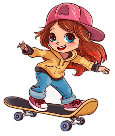 A cute cartoon girl is riding on her skateboard. She has big blue eyes and brown hair with pink highlights, wearing jeans, a hoodie jacket and a baseball cap. The vector illustration is in a chibi style isolated on a black background, with a contour outline.