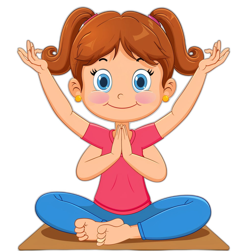 A cute cartoon girl doing yoga in a vector illustration with a black background. She is sitting on the floor in lotus position and holding her hands together above her head to do a mudra or prayer pose. Her hair has two pigtail braids in a brown color. The little baby wears a pink t-shirt with a red collar and blue pants. In the style of a vector illustration. Isolated.