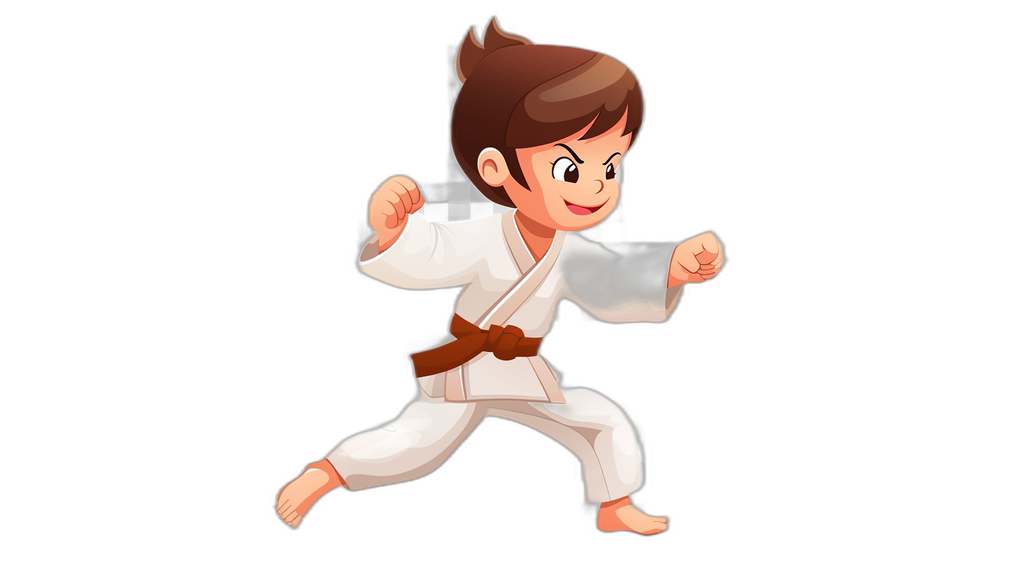 A cartoon-style boy in a karate outfit is striking an energetic pose against a black background. The character is depicted wearing a white vertical jiu jitsu gi and brown belt. He has short hair, big eyes, a small nose, thin lips, and a round face shape in a full body shot in the style of a vector illustration. It is a high resolution, high quality, and high detail image.