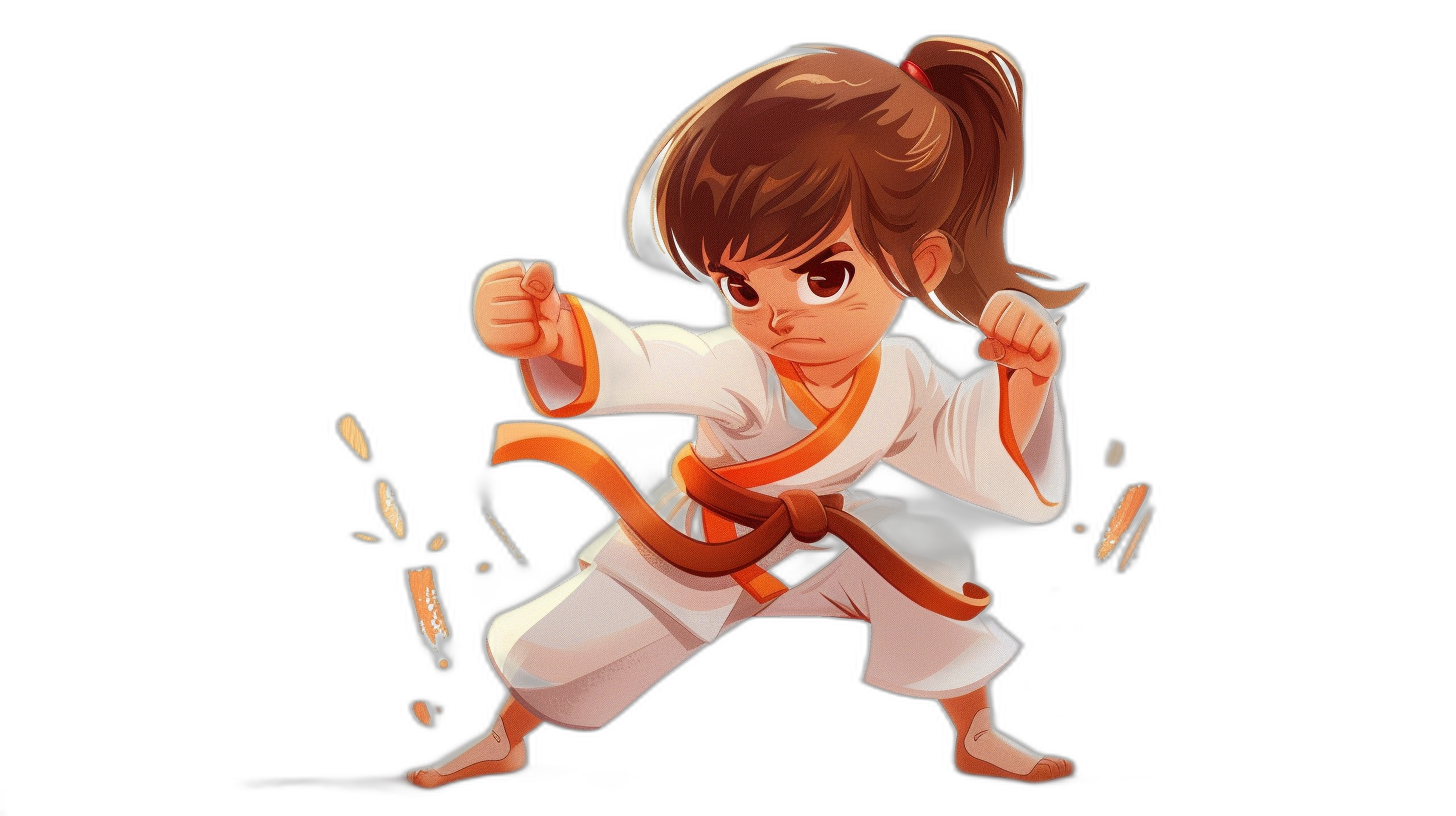 chibi style, girl with brown hair in a ponytail and a white karate outfit with an orange belt doing a martial arts kick against a black background in the style of an unspecified artist.