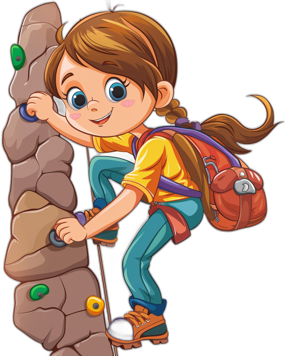 A cartoon girl climbing a rock wall in the style of clip art with an isolated black background for animation character design.