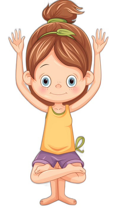 Cute cartoon girl doing yoga in the style of clip art, in the style of vector illustration for children's book on black background