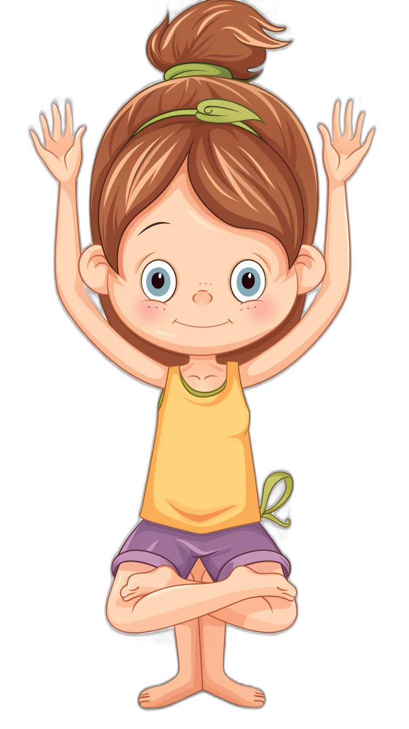 Cute cartoon girl doing yoga in the style of clip art, in the style of vector illustration for children’s book on black background