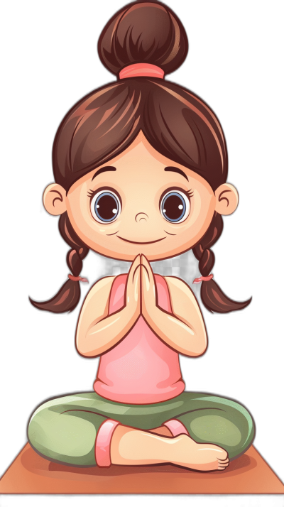 A cute little girl doing yoga in the style of a cartoon, vector illustration with a black background, pink and green , hands clasped together in a prayer pose, sitting on the floor with her legs crossed behind her. She has brown hair tied into two pigtails at each side of her head. Her eyes have big eyelashes and she is smiling. The character should be simple yet detailed enough to capture its essence with minimal repeated words or Chinese characters.