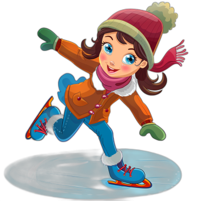 Cartoon girl skating on ice, wearing winter  and hat, in the style of clip art with black background