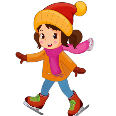 A cute girl skating in a clip art style, simple drawing with colorful  and hat against a black background. It is a flat illustration of a cartoon character that could provide graphic design inspiration. The style is similar to cutout animation or flat design using vector graphics with simple lines. She is wearing an orange coat with a pink scarf and red boots on her feet, with a smiling face while holding ice skates. The background is a solid black color. The illustrations have a cartoon style with flat characters.