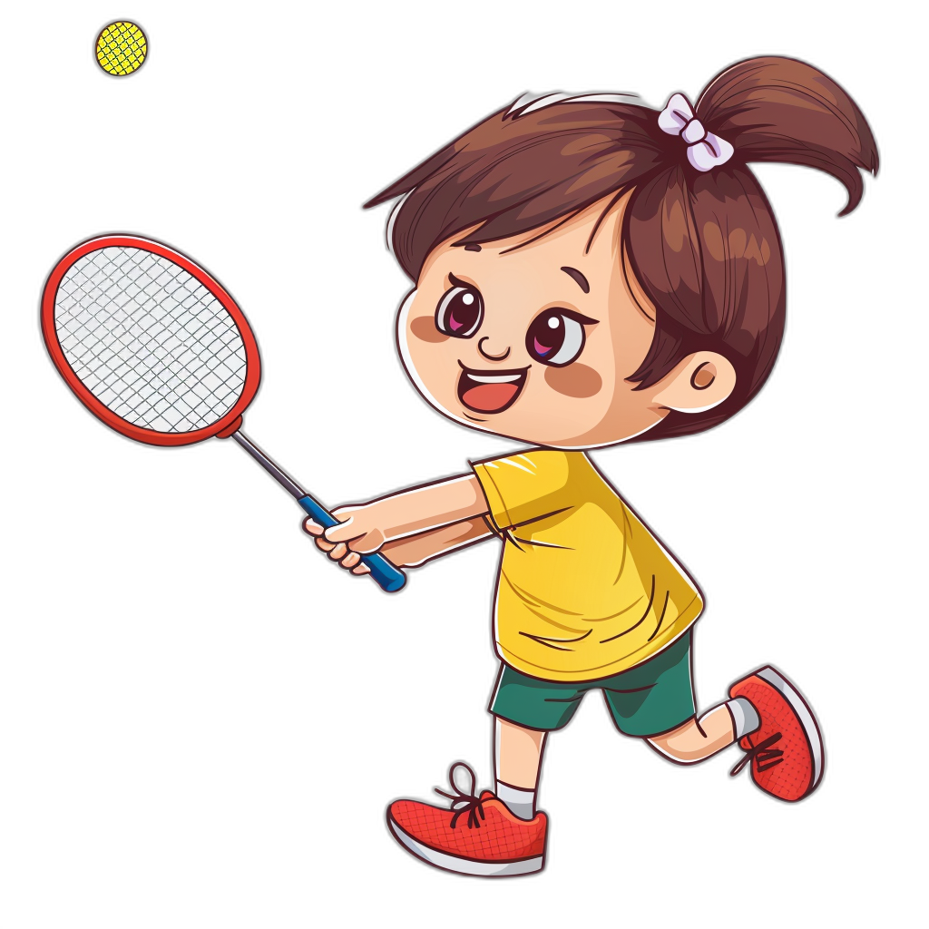 A cute little girl playing badminton in a vector illustration style with simple lines on a black background. She is wearing a yellow t-shirt and green shorts with red shoes, holding the racket in both hands to hit a shuttle ball with her right hand. The focus is on her face expression with a smiley eyes.