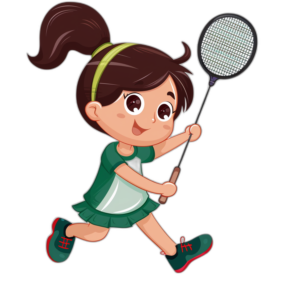 Cute little girl playing badminton, vector illustration style on a black background, flat design, simple and cute style with a green dress and red shoes, big eyes, happy expression. She is holding the racket in her hand while running forward to hit it, in the style of .