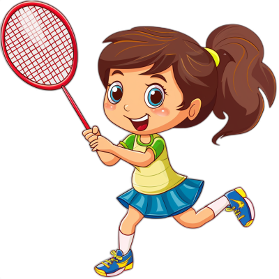 A cute little girl playing badminton in a vector illustration style with flat colors and a black background, high resolution, 2D design, high detail, no shadows, high quality, no gradient shading.