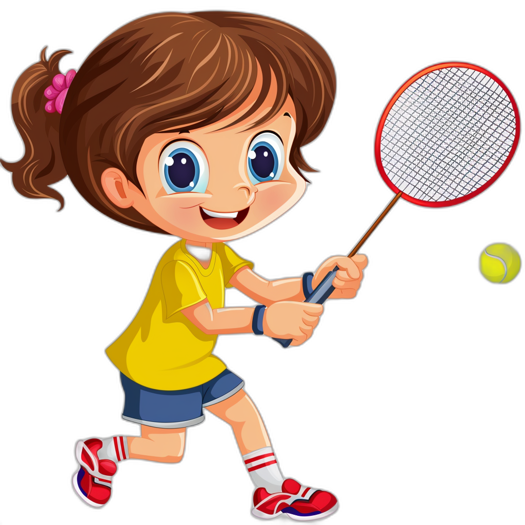 Cute girl playing badminton, in the style of a vector illustration, with simple strokes, like a cartoon character, on a solid color background, in black and white, wearing a yellow t-shirt with blue shorts, red shoes, with a smiling face expression, holding a racket in her right hand, hitting the ball on the ground, with a little pink hairband, at a high definition resolution. High quality. An isolated object on an isolated black background. Best friends in a vector graphic style.