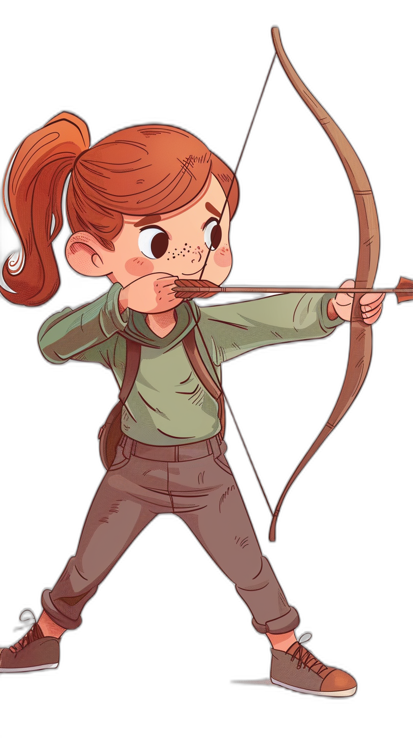 A cartoon-style drawing of an archer girl with red hair in pigtails, holding her bow and arrow ready to shoot against a black background. She is wearing a green shirt and grey pants. The style should be simple yet expressive, capturing the essence of classic Disney animation while maintaining modern appeal. Her pose reflects focus as she prepares for shooting in the style of classic Disney animation.