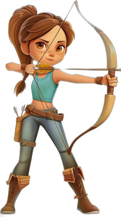 A cartoon-style archer girl, depicted in the vibrant and expressive style of Disney Pixar animation. She is wearing casual attire with a blue top and brown pants, holding an arrow ready to shoot. Her hair should be tied back into two braids that flow down her shoulders. The background is black for easy presentation on any surface. This character would look lively and cheerful as she takes aim or shouts her shot from behind her bow.