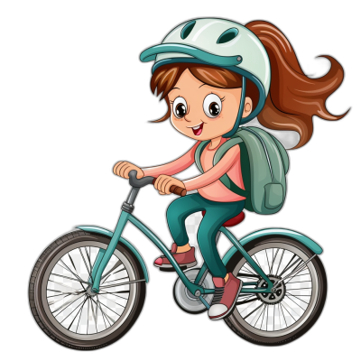 A cute girl wearing a helmet and backpack riding a bicycle in the style of clipart on a black background.