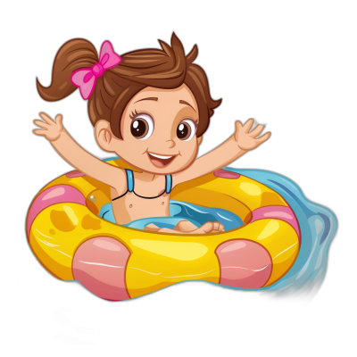 Cute cartoon little girl swimming in an inflatable ring in the style of vector illustration on black background.