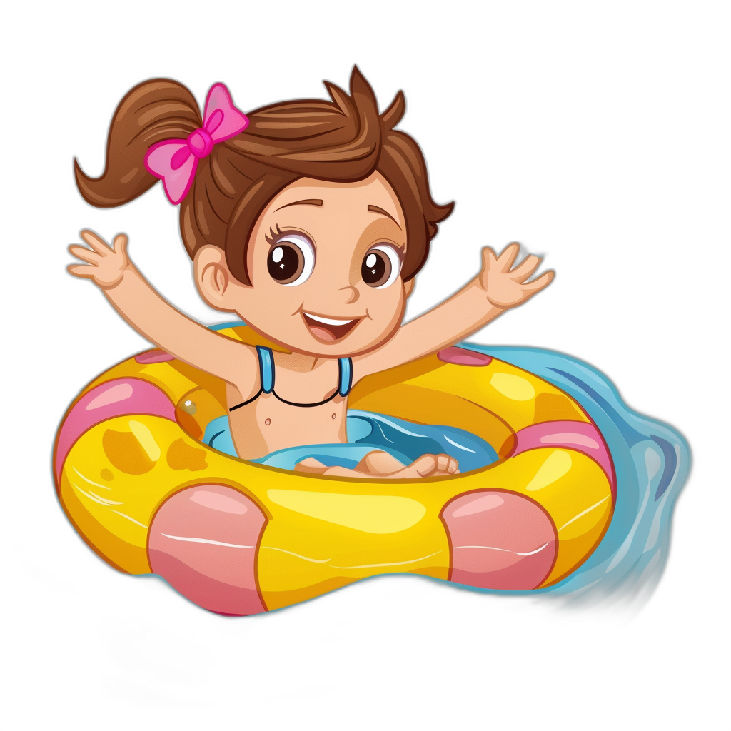 Cute cartoon little girl swimming in an inflatable ring in the style of vector illustration on black background.