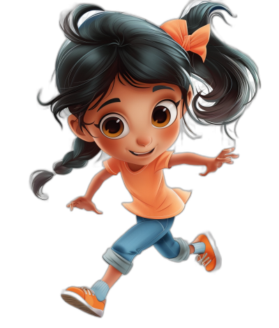 A cute little girl is running with a smiling face in the style of a Disney cartoon character design against a black background. She has long dark hair in pigtails and is wearing an orange t-shirt, blue jeans, and white sneakers. She has big, brown eyes in a chibi style. The colors of the illustration should be vibrant and cheerful, suitable for children's animation. She must have bright and sparkling highlights to give her an eye-catching appearance. The art style should be similar to Pixar 3D rendered artwork, with high resolution and high quality.