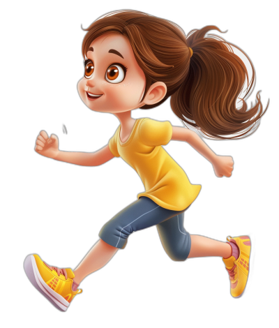 A cute girl running, full body shot, in a yellow shirt and blue pants with sneakers, brown hair in a ponytail in the style of a cartoon, black background