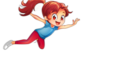 A cartoon girl is flying in the air, with red ponytail hair, a blue T-shirt and black shoes. The simple lines and solid color background depict her cute expression and lively movement capturing her posture against a black background, in the 2D style. High definition details are included.