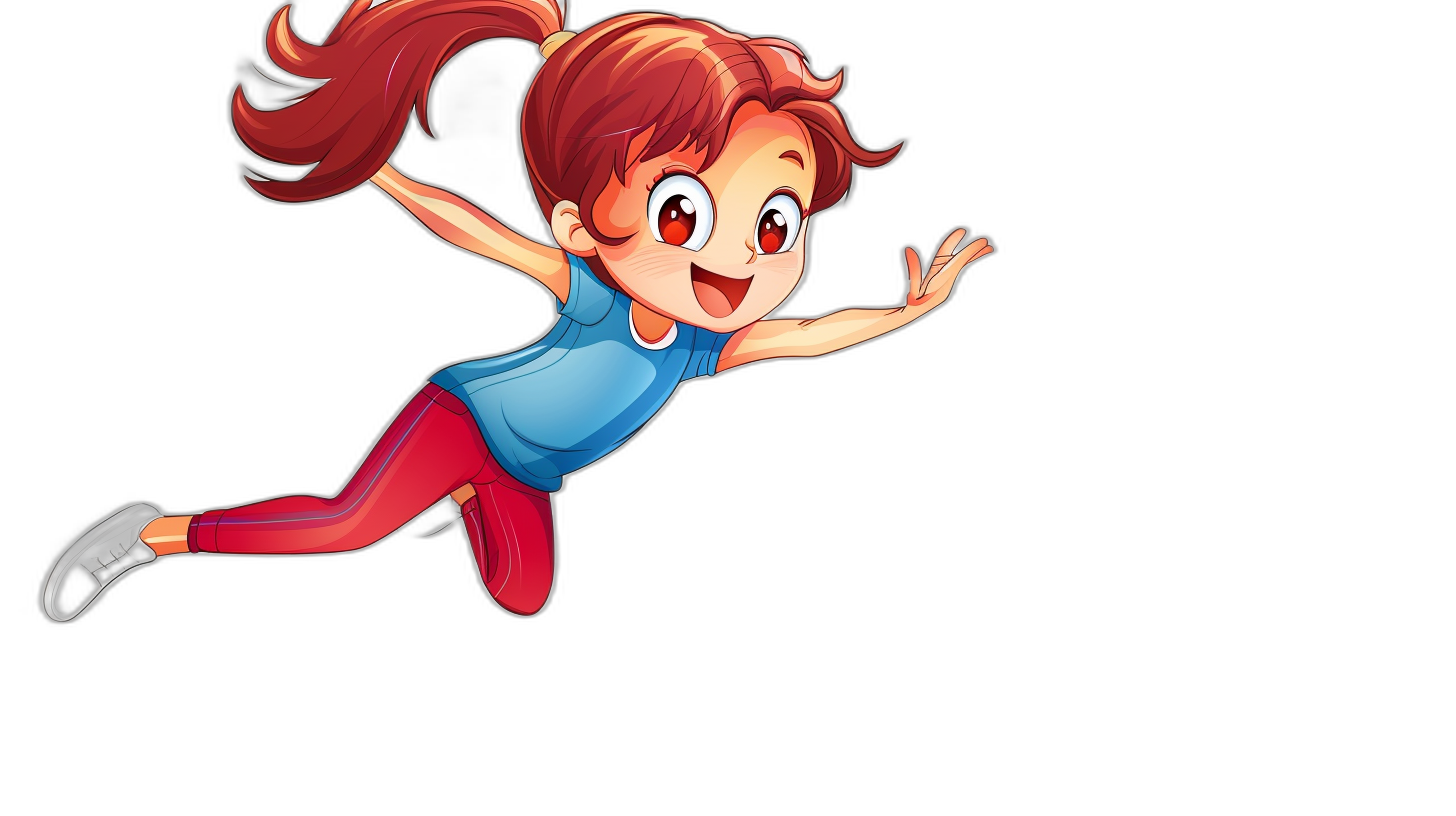 A cartoon girl is flying in the air, with red ponytail hair, a blue T-shirt and black shoes. The simple lines and solid color background depict her cute expression and lively movement capturing her posture against a black background, in the 2D style. High definition details are included.