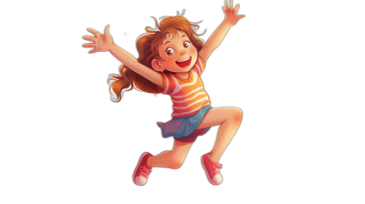 A cute little girl is jumping up and down, smiling happily with her hands raised high in the air. She has long brown hair tied into pigtails, wearing pink shoes on both feet, short shorts, and a striped T-shirt. The background is black. This is a Pixar style cartoon illustration of the girl.