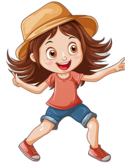 A cute happy girl in a red shirt and blue shorts, wearing a brown hat dancing on a black background cartoon vector illustration in the style of tshirt design premium vector. The concept of isolated technology in the cartoon style vector illustration isolated on a white background.