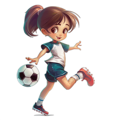 A cute little girl is playing football, wearing sports shorts and shoes with her hair tied in pigtails. She is kicking the ball while smiling, illustrated as an avatar against a black background. The illustration style should be cartoonish, suitable for children's book illustrations or video games.