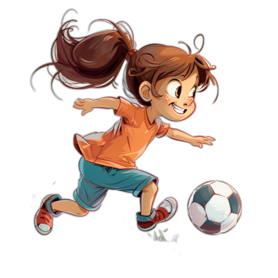 A little girl playing soccer in the style of Pixar, cartoon style, dark background, vector art, t-shirt design, 2D game asset, cute, detailed, high resolution, high detail.