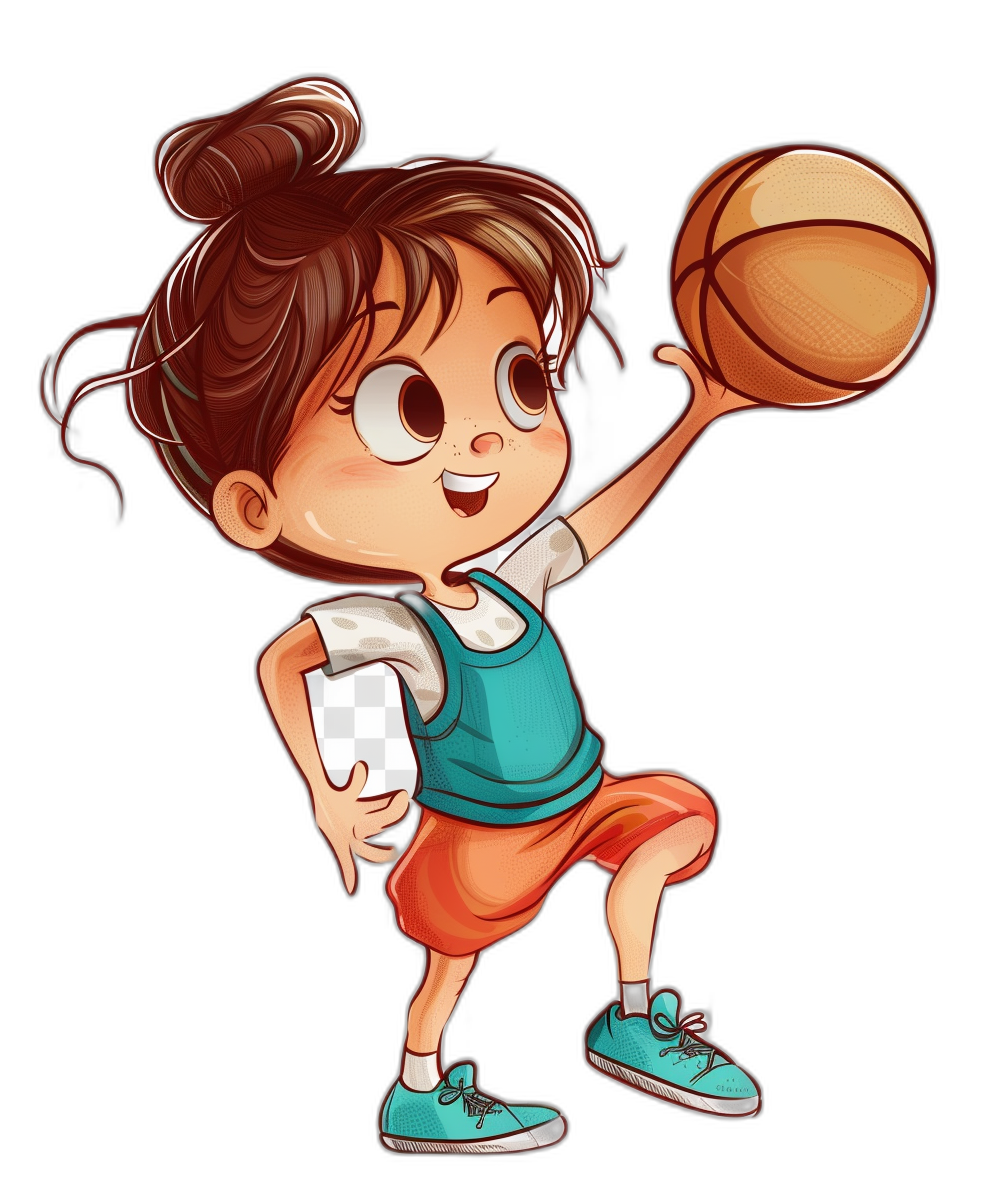A cute little girl playing basketball in a cartoon style vector illustration with a black background, sticker design, character design, wearing blue shoes and orange shorts, holding a white paper in one hand, her right foot is up to make the ball fly forward. The overall color scheme of her brown hair should be light green and turquoise, a cartoon face, happy expression, big eyes, high detail, a full body portrait, 3D rendering effect.
