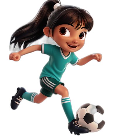 A young girl with dark brown hair in pigtails playing soccer wearing teal and white uniforms against a black background, in the style of Disney Pixar cartoon, with a cute character design rendered in 3D.