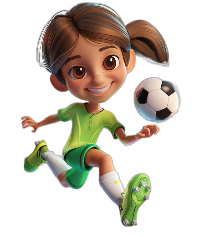 A cute girl soccer player kicking the ball, in the style of Disney, cartoon character, full body, green and white uniform, black background, character design, in the style of Pixar, detailed facial features, brown hair in pigtails with braids, big eyes, happy face expression, kicking pose