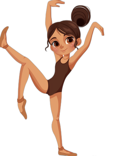 Cute cartoon girl doing gymnastics, vector illustration, black background, full body, in the style of Disney, flat design, simple lines, high resolution, no shadows on the character's face. She is wearing brown leotards and has her hair in an updo bun with buns at each side. Her eyes have some dark circles around them. The hands above head were outstretched as she gracefully stretched one leg to place both feet together. One foot was bent into a ballet pose. There should be negative space for text below.