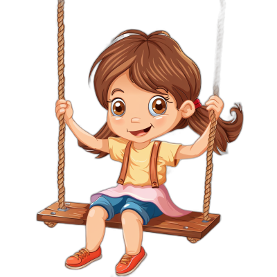 A cute little girl is sitting on the swing, cartoon style, vector illustration with black background. She has brown hair and blue eyes wearing red shoes and pink skirt, white t-shirt yellow collar, hanging from two ropes. Her hands hold onto one of them while she sways back and forth in front view. The rope wooden seat resembles that used by children at playgrounds or parks. It's detailed and full color. A joyful expression conveys happiness and excitement.,,in clotheset up scene,,realistic hyper-detail, , high resolution photography, cinematography