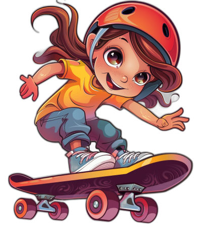 Cute cartoon girl on skateboard, vector illustration with black background, colorful and detailed design