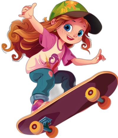 A cartoon girl is skateboarding in a vector illustration style on a black background. She is wearing a pink shirt and green cap with blue eyes and freckles on her face. She has long red hair in pigtails and purple sneakers. Her flying skateboard has orange wheels. She is striking a cool pose with a happy expression. She has big, expressive bright sparkling white teeth and exaggerated facial expressions. The image uses vibrant colors, exaggerated features, and high resolution. It is a very cute character design. The graphics use vector graphics in a colorful, fun, and detailed cartoon style.