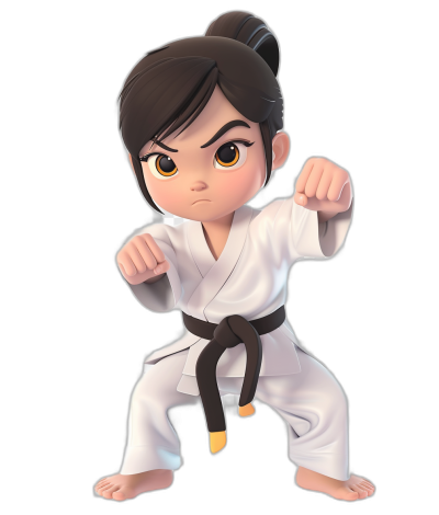 A young girl with black hair in a white karate outfit, brown eyes and a yellow belt ready to fight. A full body, 3D character in the style of Pixar and Disney on a black background in a cute chibi art style.