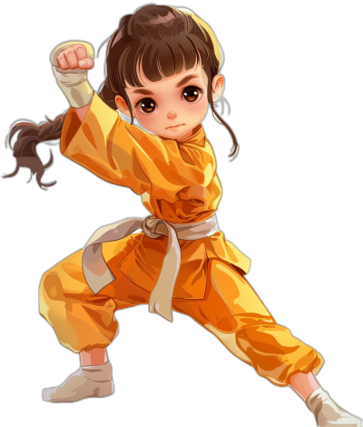 A little girl wearing yellow kung fu , with her hands in the air ready to fight, in the style of [Akihiko Yoshida](https://goo.gl/search?artist%20Akihiko%20Yoshida), full body portrait on a black background, in a 2D game art style with cute cartoonish designs and strong facial expressions. She has brown hair tied into long ponytails, white shoes on her feet, and a white belt around her waist. She is wearing kung fu .