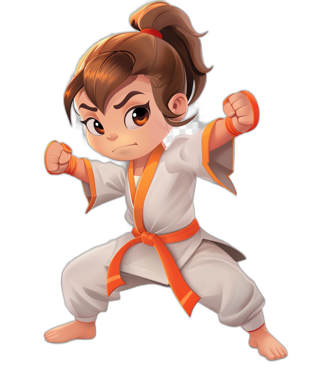 cartoon girl doing karate in the style of chibi, white and orange outfit, black background, game art