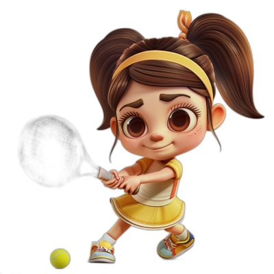 Cute little girl playing tennis, wearing yellow and white dress with headband , character design by Pixar Disney, 3d rendering, black background, cute face features, big eyes, brown hair in pigtails, holding racket and hitting ball